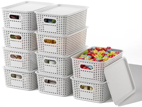 ORGIDOL Plastic Storage Basket with Lids 10 Pack Stackable Storage Bins Containers with Lid, Decorative Storage Boxes for Organizing Shelves, Drawers, Playroom, Classroom, Office, Closet, White by ORGIDOL