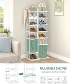 Hzuaneri 8 Tiers Vertical Shoe Rack, Narrow Shoe Tower, Tall Shoes Shelf with 2 Hooks, Adjustable Shelves, Corner Shoes Shelves for Small Spaces, Entryway, Living Room, White SR04313W - Image 4