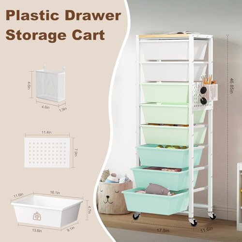 Rolling Cart with Drawers, Rolling Storage Cart with Large Plastic Drawers & Wooden Tabletop, Utility Cart with Pegboards & Basket, Storage Drawers Cart for Living Room, Classroom, Bedroom, Office - Image 2