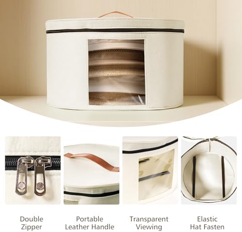 HEAVYWOOD Hat Box for Women Storage Travel Felt Hat Case for Wide-Brim Cowboy Hat Storage Foldable Organizer for Closet Large Round Hat Carrier with Portable Handle (White) - Image 3
