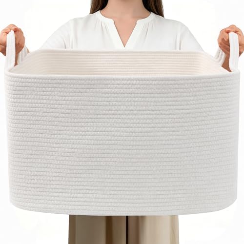 96L Woven Laundry Basket with Handles, Extra Blanket Basket,White by HZFTJOY