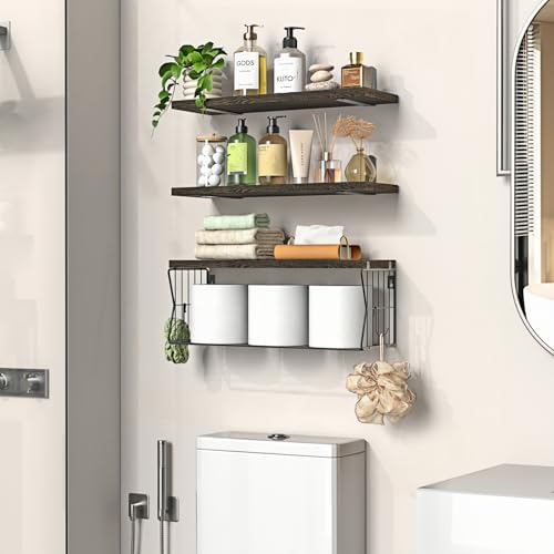 Floating Bathroom Shelves Wall Mounted - Wooden Shelf Set of 3 for Over Toilet Storage & Farmhouse Bathroom Decor - Perfect Shelving Organizer for Apartments RVs Powder Room Restroom - Rustic - Image 2
