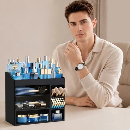 HBlife Cologne Organizer for Men Makeup Organizer Countertop with Brush Holder, Large Bathroom Counter Organizer with Drawers, Plastic Dresser Organizer Storage Fathers Day Gift for Dad Husband, Black - Image 6