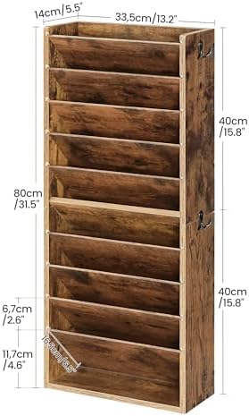 CHOEZON Wall File Organizer, 10-Tier Hanging Mail Organizer, Wall Mount File Holder with 4 Side Hooks, Mail and Storage Organizer, Wooden Vertical Hanging Holder for Office, Rustic Brown MWJ03FG - Image 2