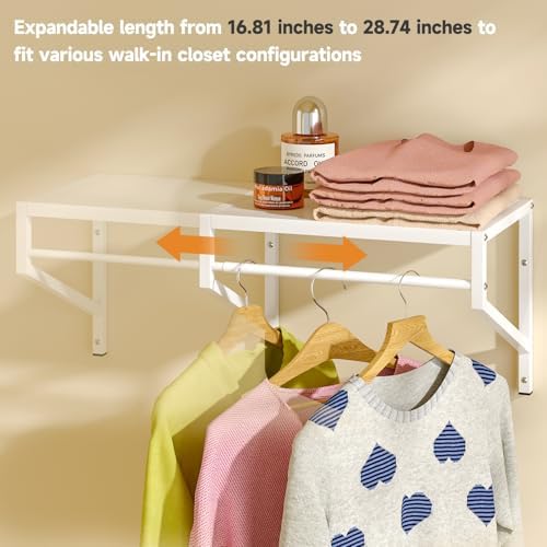 ThreeHio Expandable Closet Shelves Wall Mounted, 2 Pack Closet Shelving with Hanging Rods, Wall Shelving for Walk-in Closet, Hanging Shelves Organizer and Storage for Closet, Laundry - Image 5