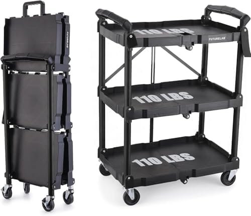 FUTURELAB Portable Folding Service Cart - 3 Tier 330LBS Capacity - Rolling Utility Foldable Cart with Wheels for Warehouse Home Workshops Garages Restaurants Offices by FUTURELAB