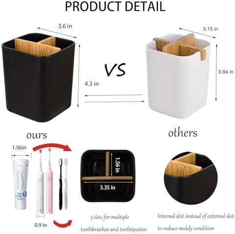Bamboo Toothbrush Holder for Bathrooms Toothpaste Organizer, 2 Pack, Black - Image 3