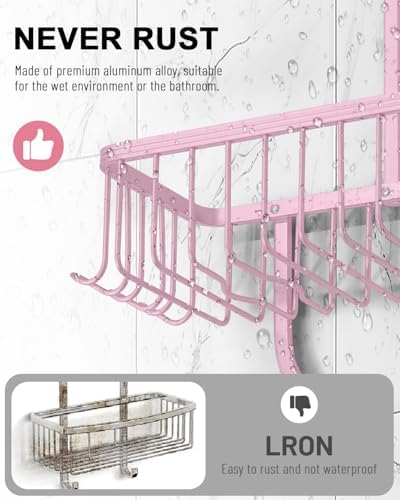 Pink Shower Caddy for Bathroom - Never Rust Hanging Shower Organizer with Soap Basket and Hooks - Large Capacity 3 Tier Aluminum Over The Showerhead Caddy - Image 4