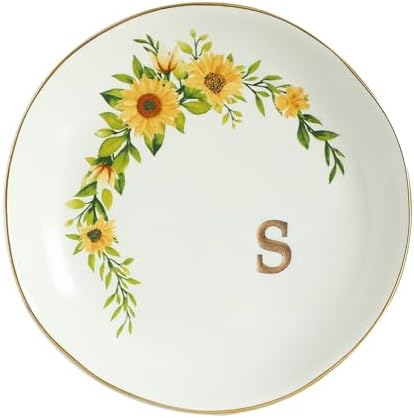 COLLECTIVE HOME - Ceramic Jewelry Tray, Trinket Dish for Rings Earrings Necklaces Bracelet Watch Keys, Birthday Mother's Day Christmas Gift for Women, 4.75", White Surface wirh Sunflowers (s) by COLLECTIVEHOME