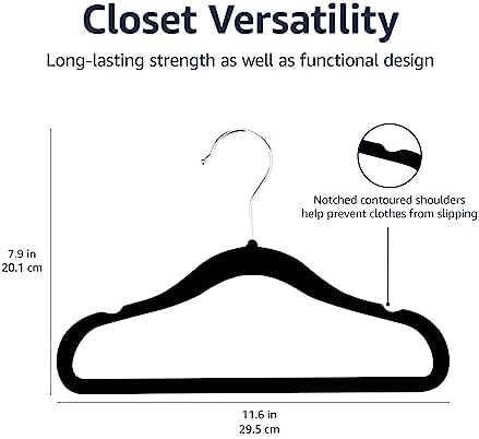 Amazon Basics Kids Space Saving Velvet Non-Slip Clothes Hangers with Shoulder Notches for Infant and Toddler, 11.6", Black, 50-Pack - Image 5