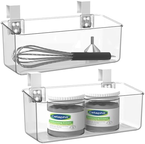 vacane 2 Pack Plastic Over Cabinet Door Organizer with Removable Hooks, Clear Hanging Baskets for Organizing Over the Cabinet Organizer Holder for Kitchen, Bathroom-Hang Outside or Inside Door-M by vacane