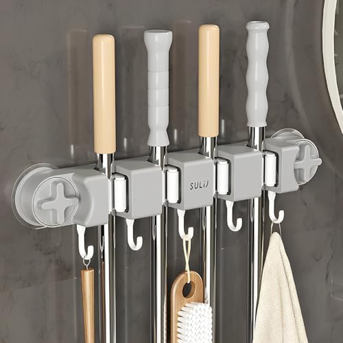 Broom Holder Wall Mount Sturdy Mop and Broom Organizer with 4 Racks and 5 Hooks Vacuum Suction Cup Broom Mop Holder for Home, kitchen, Garden, Tools, Garage (grey) by Unknown