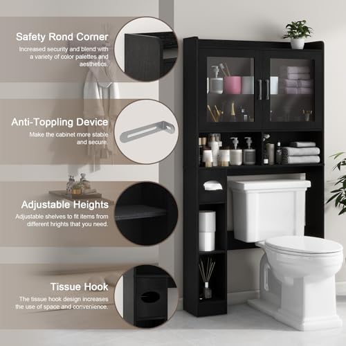 Vabches Over-The-Toilet Storage Cabinet with 2 Acrylic Waves Doors, Black. - Image 3
