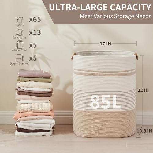AINUOQI Laundry Basket with Handles - Blanket Basket & Hampers for Bedroom Aesthetic, Laundry Hamper & Blanket Storage for Living Room, Clothes Hamper, Tall, Large 17" x 14" x 22”, Off-white - Image 2
