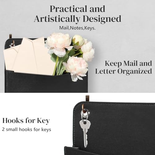 Wall Mount PU Leather Mail Holder Black Faux Leather Letter Holder 2 Ring 9.8" x 7.7" x 1.4" File Organizer Stylish Wall Hanging Mail Storage for Flowers Envelope Key Notebooks Home Office Decor - Image 5
