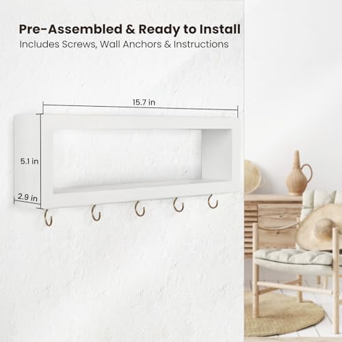 Lwenki Wall Shelf with Hooks - Decorative Key and Wallet Holder for Wall Holds Sunglasses, Leashes, Scarves and Lanyards - 15.7" x 5.1" x 2.9" Entryway Organizer Made of Paulownia Wood (White) - Image 3