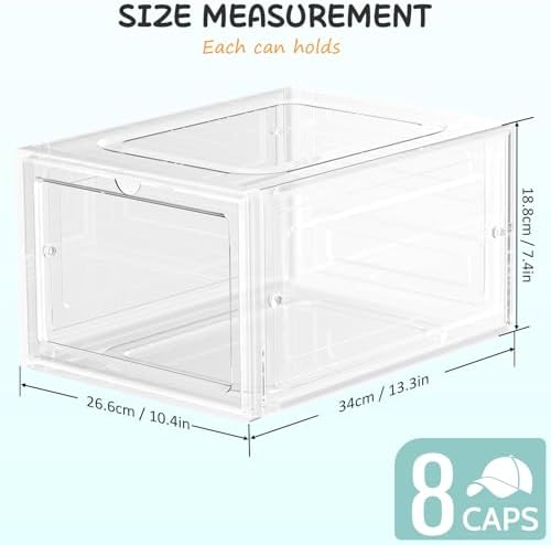 SCAVATA 6 Pack Hat Organizer Box, Stackable Clear Baseball Caps Holder Box Containers with Magnetic Door for Hats Snapback Cap Storag, Hat Rack Display Case, Holds 8 Hats Each (Clear) - Image 3