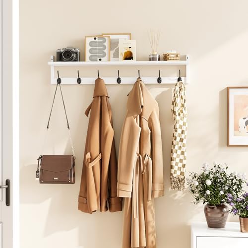 BAMEOS 35" L Wall Hooks with Shelf, Entryway Coat Hooks, Wood Wall Hanging Shelf, Wall-Mounted Coat Rack with 7 Dual Metal Hooks for Bathroom, Kitchen, Living Room, Bedroom (White) - Image 7