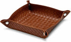 UnionBasic Small Valet Tray, Jewelry Tray for Rings Watches Earrings, Entryway Catchall Caddy for Coins Keys Change, Nightstand Bedside Valet Holder, Trays for Electronic Gadgets, Woven Leather Brown - Image 7