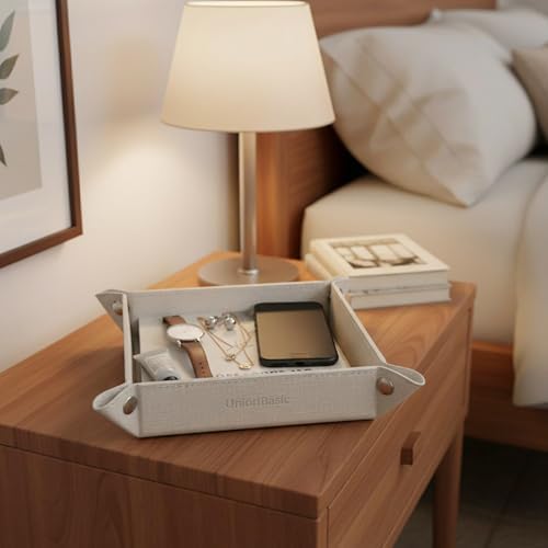 UnionBasic Small Valet Tray, Jewelry Tray for Rings Watches Earrings, Entryway Catchall Caddy for Coins Keys Change, Nightstand Bedside Valet Holder, Trays for Electronic Gadgets, Beige - Image 6