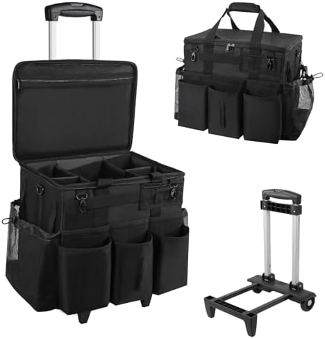 SCAVATA Rolling Cleaning Caddy Bag with Detachable Trolley, Large Cleaning Supplies Organizer with Wheels, Multi Pocket Cleaning Cart with Adjustable Shoulder Strap for Housekeepers & Home Use, Black by Tidyyourlife