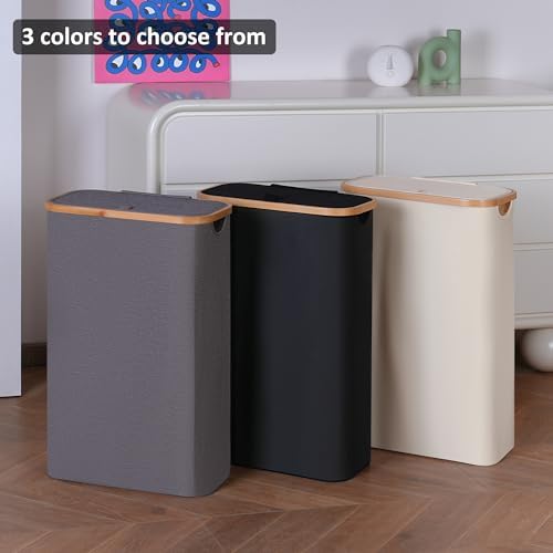 Slim Laundry Basket,60L Laundry Hamper with Lid, Tall Hamper for Laundry,Dirty Cloth Hamper with Bamboo Handle for Toys,Towels, Clothes Organizing,Pink - Image 6