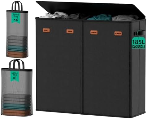 185L Laundry Hamper 4 Section with Lid & Removable Bags by MECINFUL