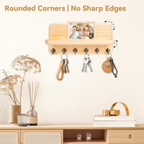 Key Holder for Wall, Mail Organizer Wall Mount with 6 Hooks Wooden Hanging Key Rack for Home Decor, Hallway, Entryway (Wood Color) - Image 6