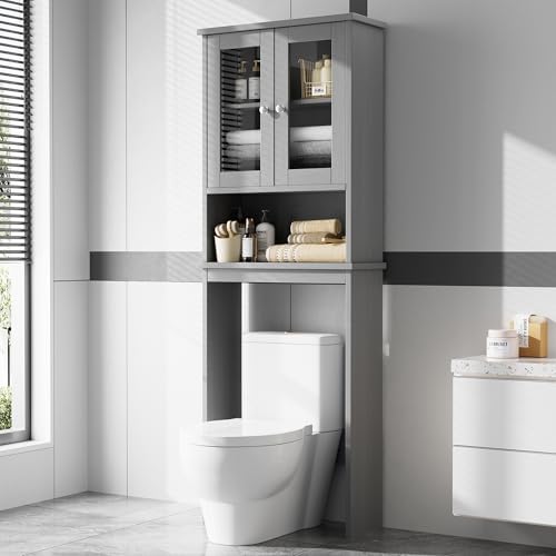 Over the Toilet Storage Cabinet, Bathroom Storage Cabinet Over Toilet, Space Saver with 2 Tempered Glass Doors, Grey by Meilocar
