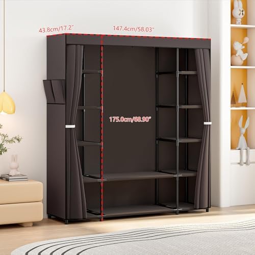 SORCEDAS Portable Closet Wardrobe Organizer Storage with Cover Non-Woben Fabric Portable Wardrobe Closet for Hanging Clothes Racks Shelving 33 Inch for Bedroom, Blue (Coffee, 59Inch) - Image 3