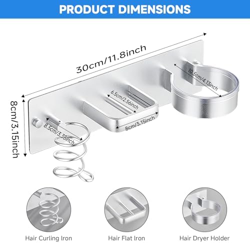 Hair Dryer Holder Wall Mounted,Blow Dryer, Curling Iron, Straightener Holder 3 in 1 Bathroom Metal Hair Tool Organizer Rack-Silver-1 - Image 2