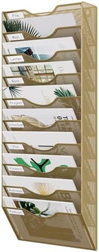 EasyPAG 10 Pocket Mesh Wall File Organizer, Hanging Paper Folder Holder with Classify Label, Vertical Wall Mount Mail Organizer for Office Home Classroom, Gold by EasyPAG