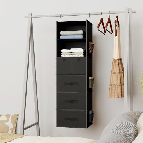 6-Shelf Hanging Closet Organizer with 5 Drawers, Non-Woven Storage, Black | Spacious compartments sort clothes & undergarments; foldable drawers add hidden storage for closets, wardrobes or RVs. - Image 2