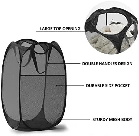 TECHMILLY Collapsible Mesh Pop Up Laundry Hamper with Sturdy Handles and Side Pocket - Portable Foldable Clothes Baskets for Dorm, Bathroom & Travel Storage (Black, 3 Packs) - Image 3