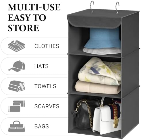 Simple Houseware 3 Shelf Hanging Closet Organizer, Dark Gray | 360° Rotating Dual Hooks, Top Support Metal Frame - Image 5