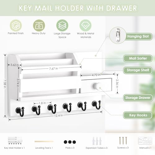 VIS'V Key Holder Wall Mount, Wooden Mail and Key Organizer, White - Image 3