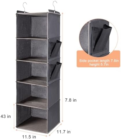 BOOMIBOO Hanging Closet Organize and Shelves,5-Hanging Shelf（2 Pack,Grey） | Dorm Room Essentials, Clothes Organizer with 2 Side Pockets, Hanging Shelves for Closet Storage, Breathable Fabric - Image 3