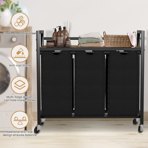 SwaaVee Laundry Sorter, Laundry Hamper 3 Section, 3×11.4Gal, Metal Frame Rolling Laundry Basket with Wooden Top Shelf, Pull out and Removable Laundry Bags, 3 Bags-Black - Image 7