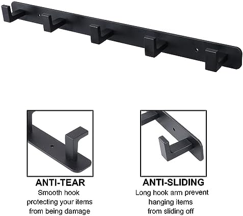 Coat Rack, Heavy Duty Stainless Steel 5 Tri Coat Hook Hanger, Wall Mounted Storage Wall Hooks, Rustic Clothes Hook/Key Hook Rail for Bathroom Kitchen Entryway(5 Hook Black) - Image 3