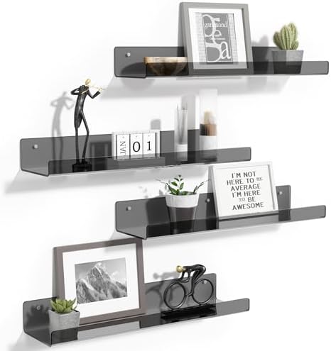 upsimples 4 Pcs 15" Acrylic Shelves for Wall Decor and Display, Clear Black by upsimples