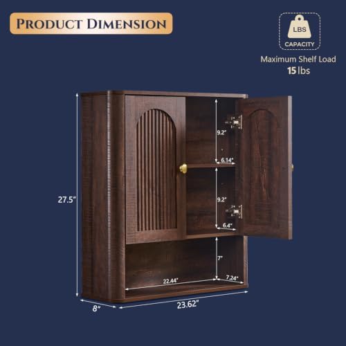 Bathroom Fluted Arched Wall Cabinet, 23.6''W Wood Medicine Cabinet,Brown - Image 2