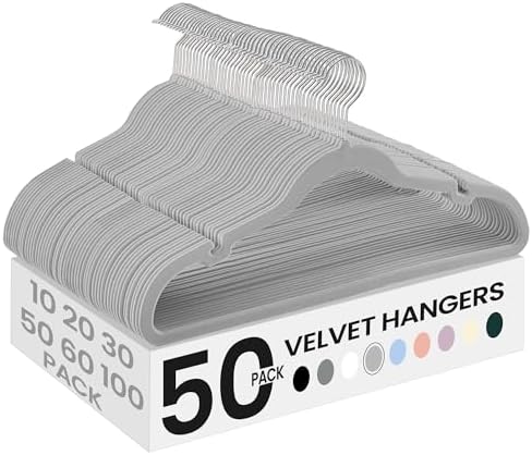 SONGMICS Velvet Hangers 50 Pack, Non-Slip Clothes Hangers, Space-Saving | Suit Hangers with Shoulder Notches, Pants Bar, 360° Swivel Hook, for Closet, Dove Gray, BREANNA Collection UCRF029G50 by Unknown