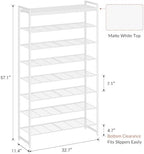 8 Tier Shoe Rack Organizer for 32-40 Pairs, Tall Metal Shoe Storage Shelf with Wood Top, Adjustable Boot Space, Narrow Design for Entryway Closet,White - Image 3