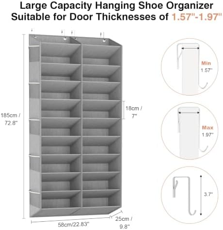 LANTEFUL Over the Door Shoe Organizer, Hanging Shoe Rack for Closet Door Shoe Storage for 30 Pairs Sneaker and Boots, Large Shoe Holder for Door with 10 Side Pockets, Space Saving, Grey - Image 3