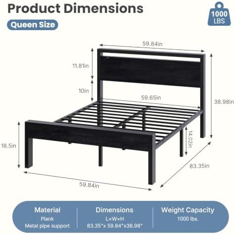 Sweetcrispy 14 Inch Queen Size Metal Bed Frame with Wood Headboard, Black - Image 2