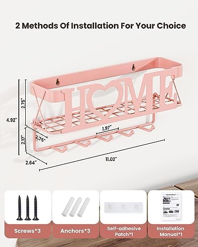 Key Holder for Wall - Adhesive Key Rack with 5 Key Hooks, 11.02" L×2.75" W×4.92" H, Key and Mail Organizer Wall Mount, Key Hanger for Wall, Entryway, House, Living Room Decor(Pink) - Image 2
