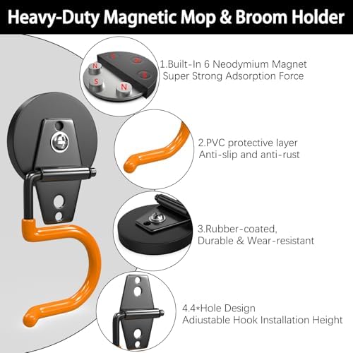3-H Magnetic Mop Broom Holder and Mop Organizer 4 Pack, Heavy Duty Strong Utility Magnetic Tools Holde, Anti-Slip Strong Metal Garden Tool Rack for Garage, Laundry, Garden (Orange) - Image 5