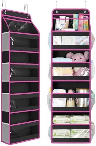 Yecaye 5 Tier Over the Door Organizer, Swing-proof Door Organizer Hanging with Clear PVC Windows, Behind the Door Storage for Bedroom Nursery Closet Laundry Pantry Bathroom, Pink and Black by Yecaye