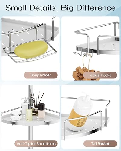 ALLZONE Corner Shower Caddy Tension Pole, 4 Hang-On Basket with Mixed-Height Shelves for Various Bottle Sizes, Extra Hooks & Soap Holder, Rustproof Stainless Steel, Fits 34–116 Inch, Silver/White - Image 4
