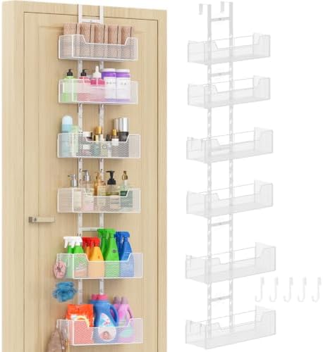 Hongtamoya Over The Door Organizer, Metal Hanging Door Organizer with 6 Adjustable Baskets and 5 Hooks, Behind The Door Storage for Closet Cabinet Kitchen Bathroom Bedroom Pantry Door Organizer, White by Hongtamoya